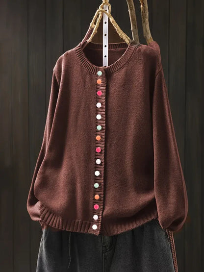 Women's dark brown lightweight knit cardigan with button details