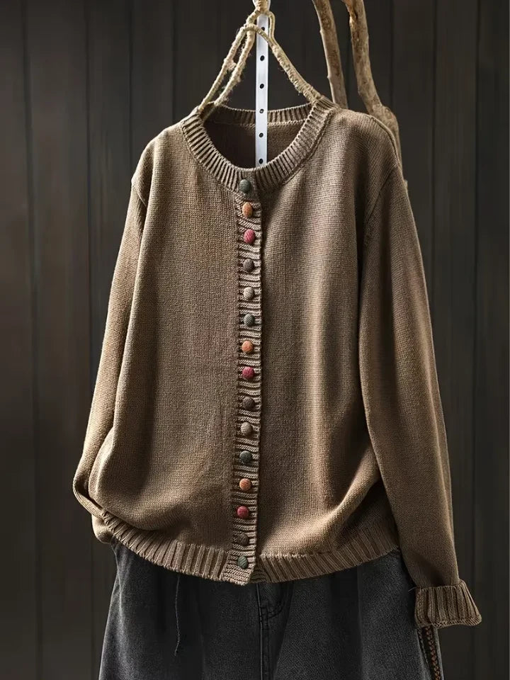 Women's brown lightweight knit cardigan with button details