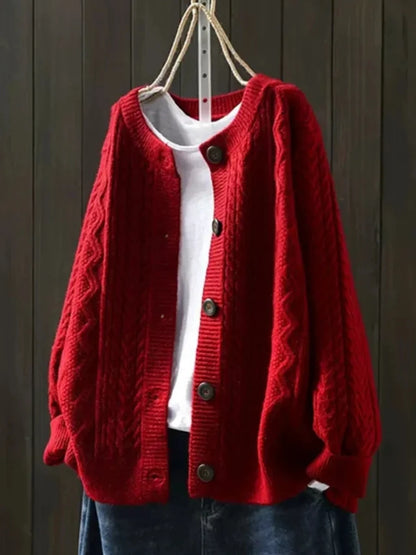 Women's red oversized cable knit cardigan