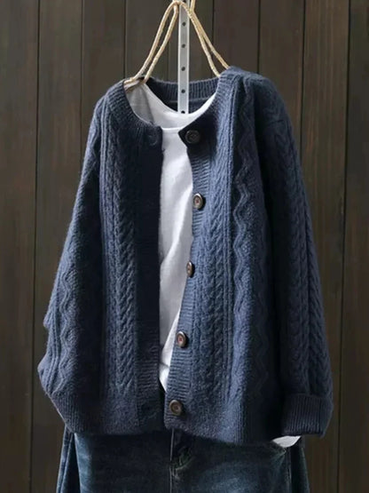 Women's navy blue oversized cable knit cardigan