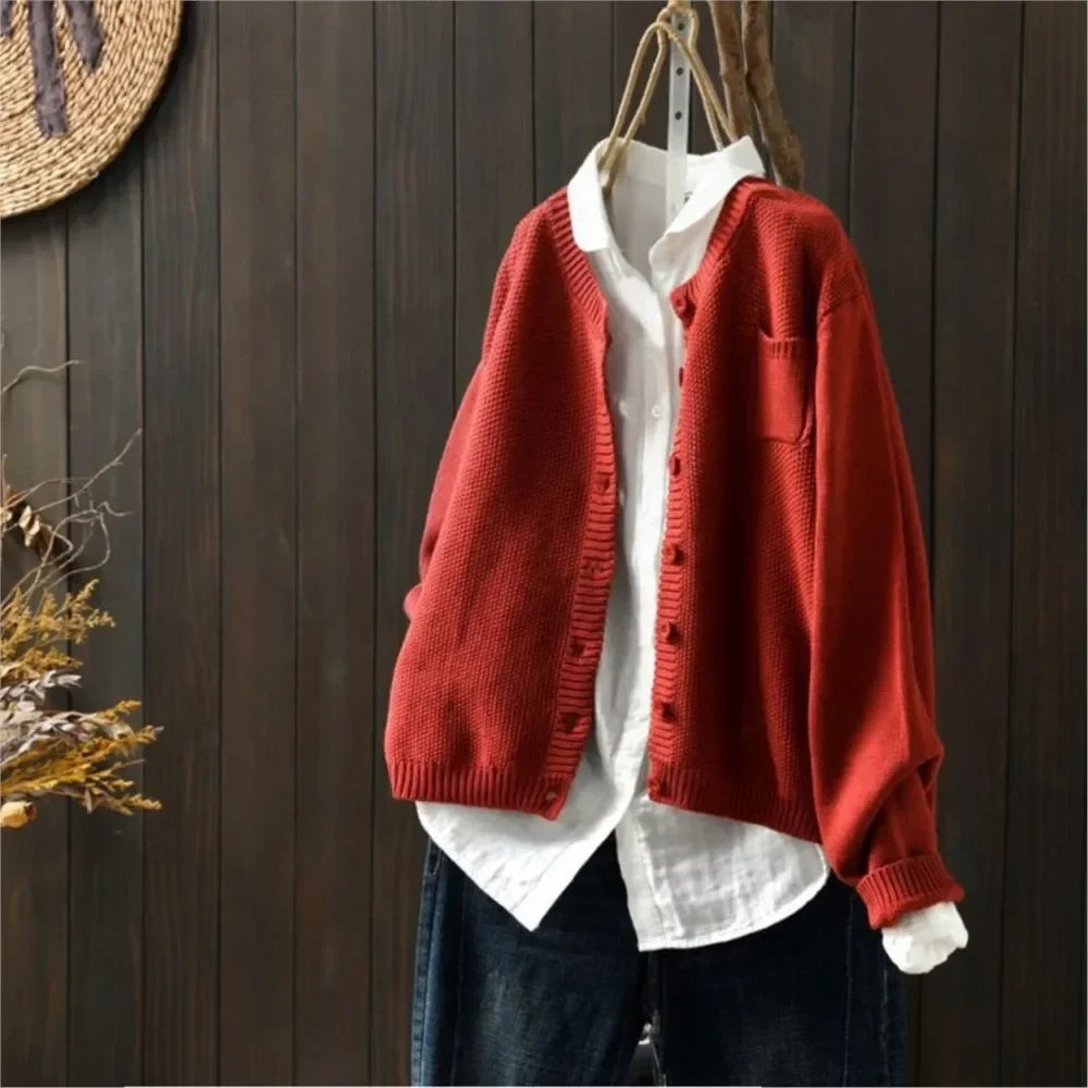 Women's red loose fit button up cardigan