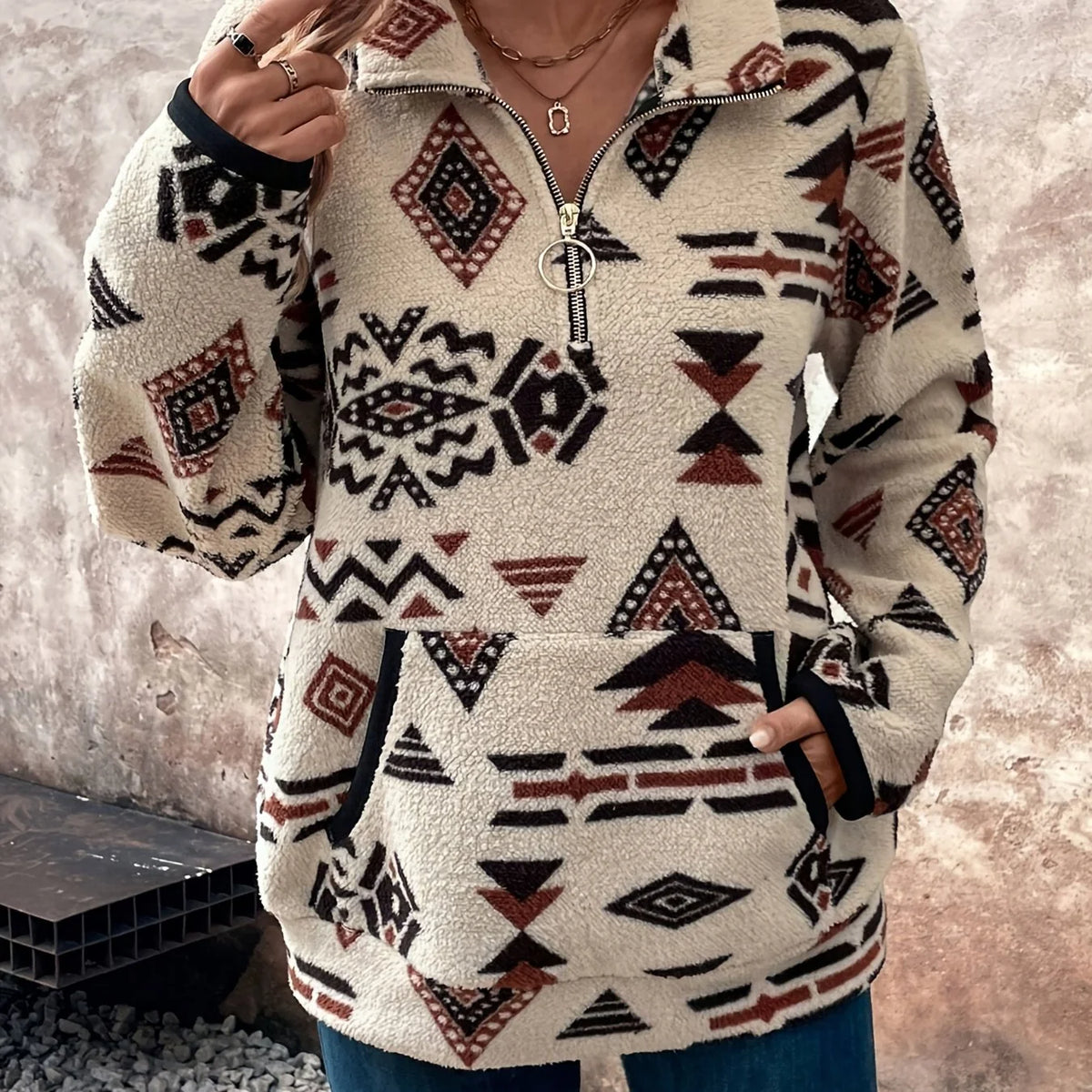 Women's Aztec Print Pullover, Quarter-Zip Knit Sweater