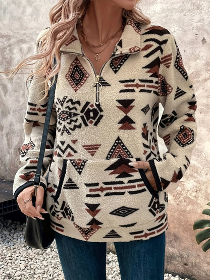 Women's Aztec Print Pullover, Quarter-Zip Knit Sweater