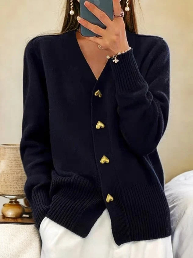 Women's black V-neck cardigan with heart-shaped gold buttons