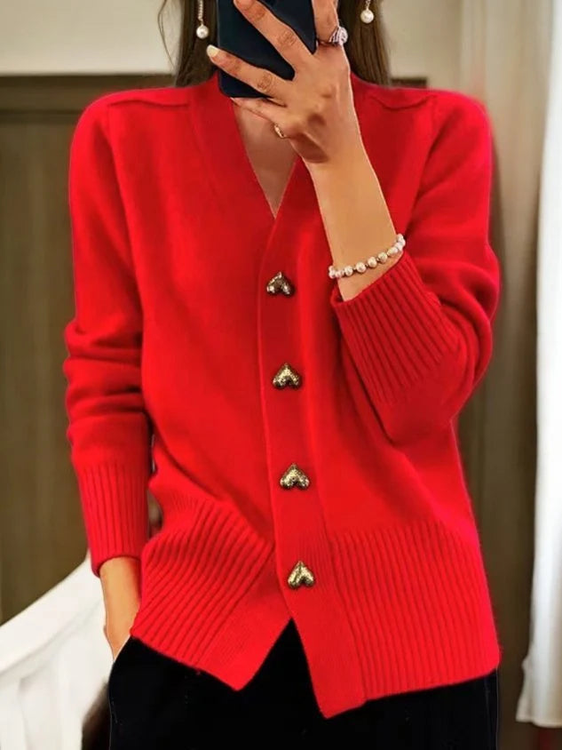 Women's red V-neck cardigan with heart-shaped gold buttons