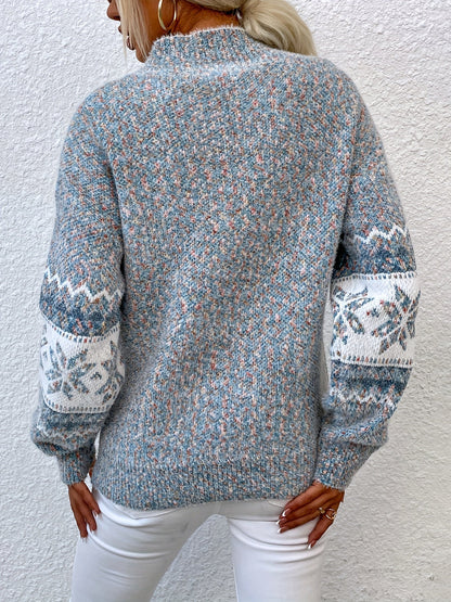 Snowflake Print Mock-Neck Winter Sweater