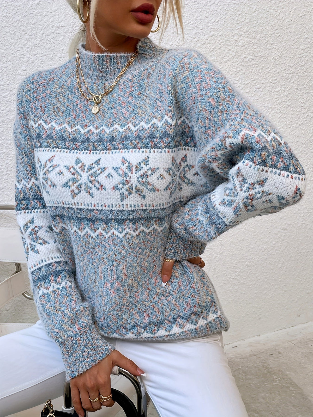 Snowflake Print Mock-Neck Winter Sweater – view 2