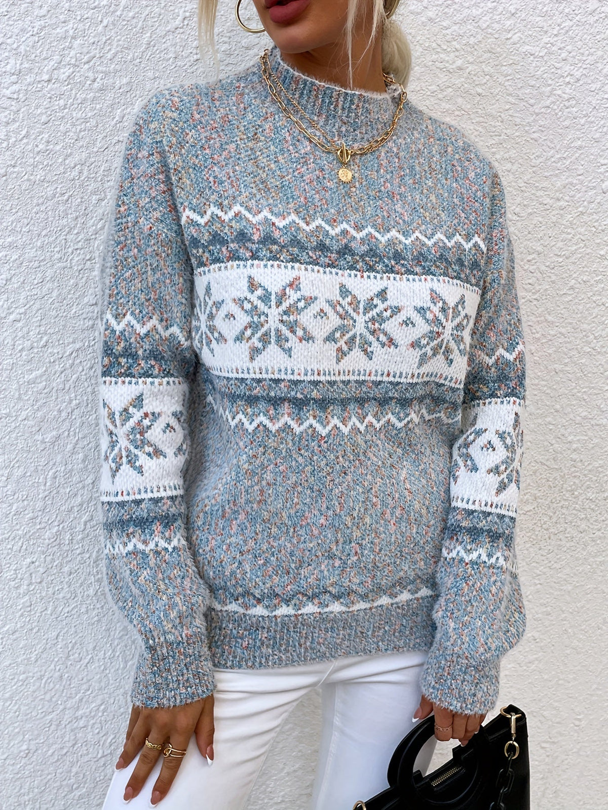 Snowflake Print Mock-Neck Winter Sweater – view 3