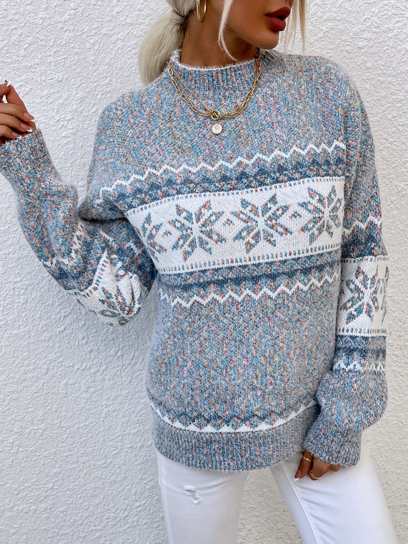 Snowflake Print Mock-Neck Winter Sweater – view 4