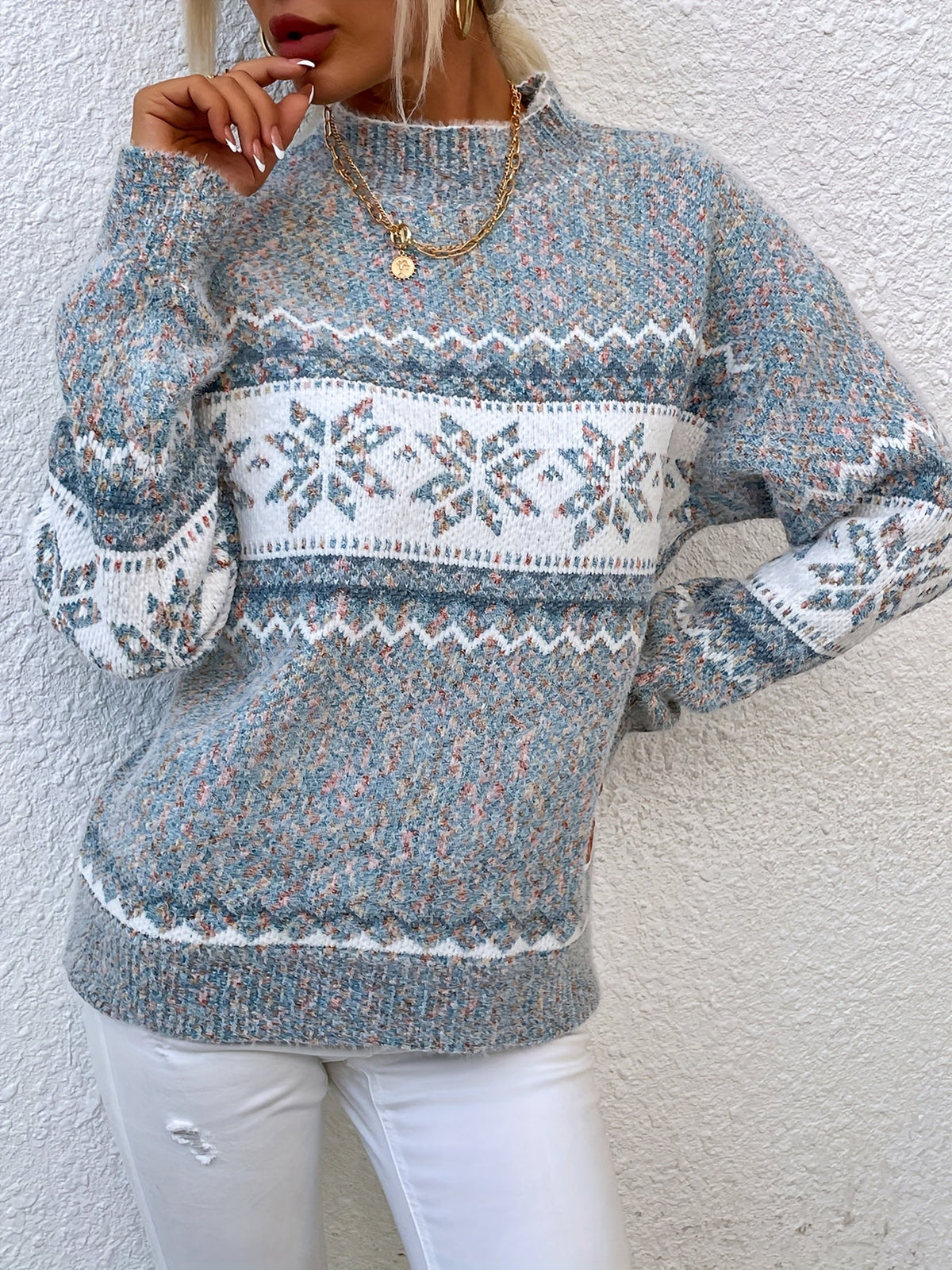 Snowflake Print Mock-Neck Winter Sweater – view 6