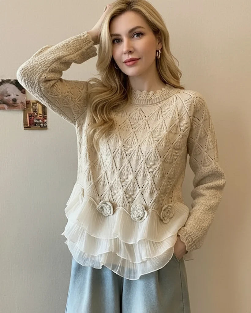 Women's cream cable knit sweater with chiffon ruffles