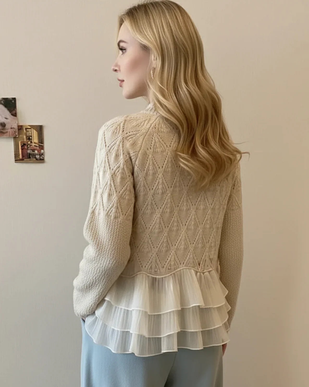 Women's cream cable knit sweater with chiffon ruffles