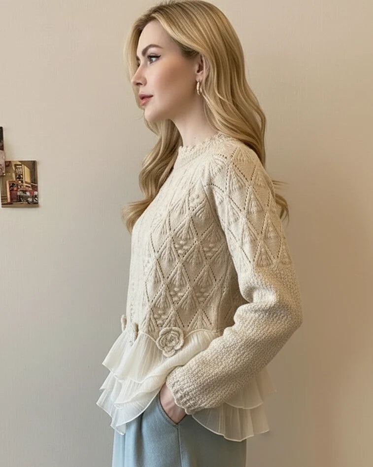 Women's cream cable knit sweater with chiffon ruffles