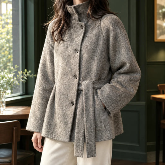 Women's gray cashmere jacket with high stand collar