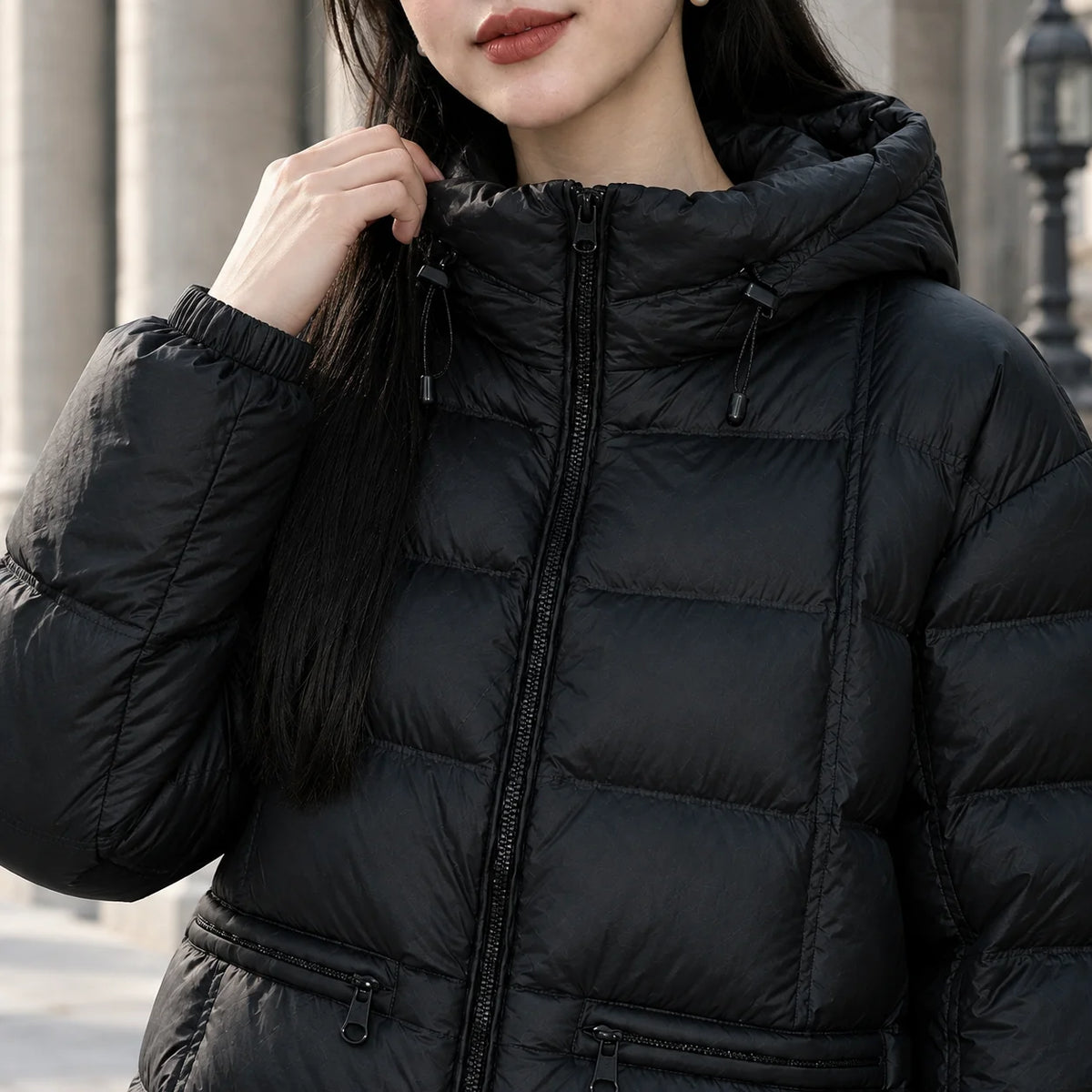 Women's Hooded Duck-Down Jacket with Zip Waist Pockets, photo 2
