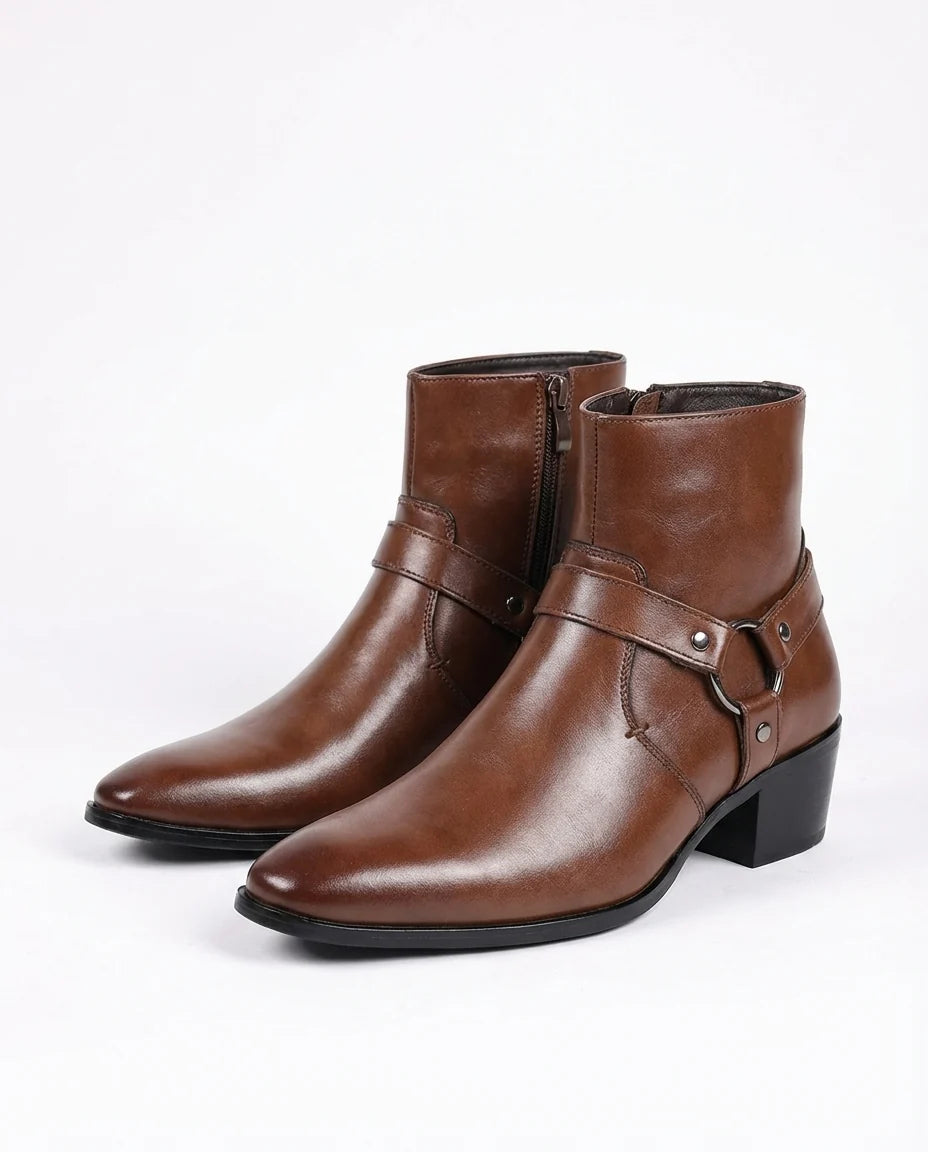 Carter leather harness boots with chisel toe, front view