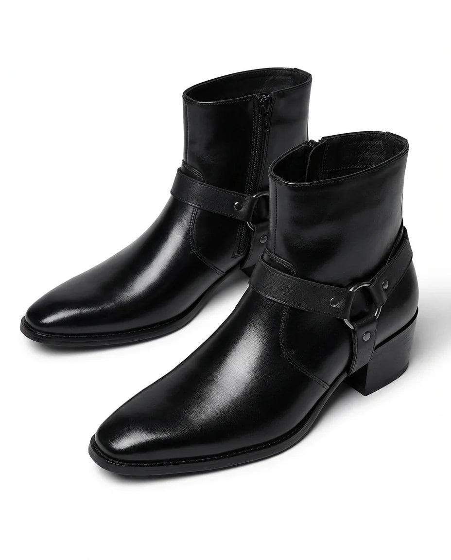 Carter leather harness boots worn, lifestyle shot