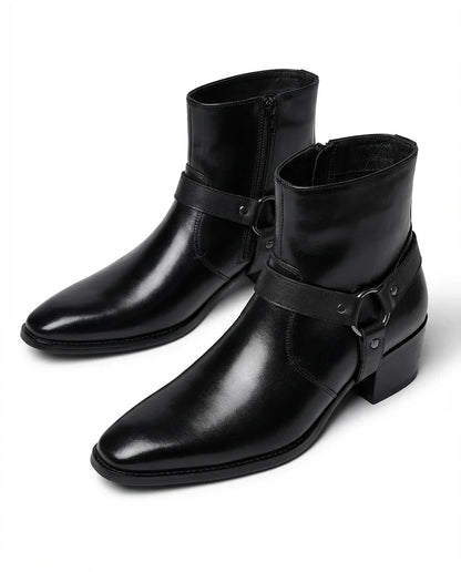 Carter leather harness boots worn, lifestyle shot