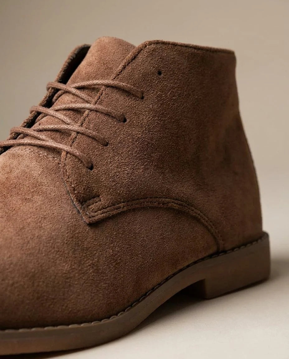 Men's black suede desert boots, lacing detail