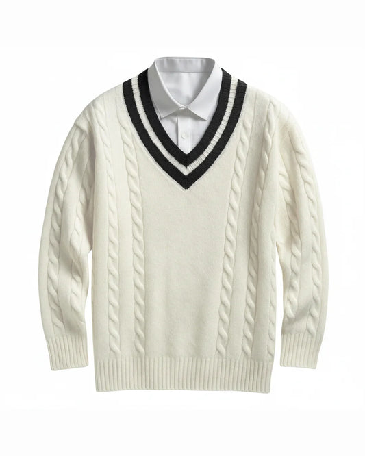 Men's Cable-Knit V-Neck Sweater with Striped Neckline Trim