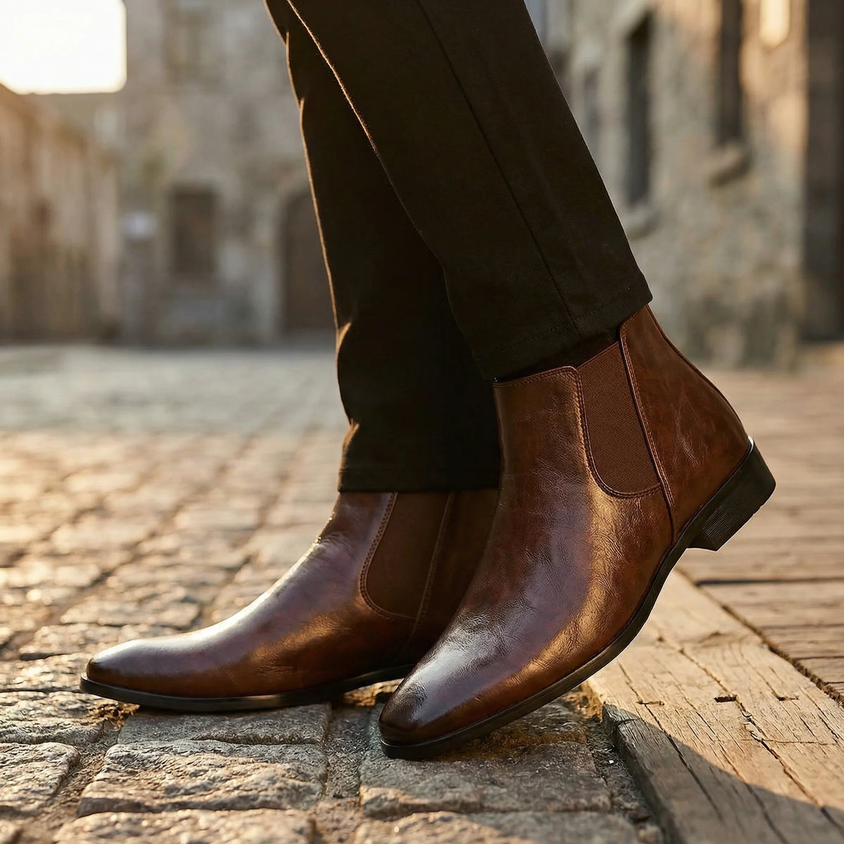 Men's black leather boots, slip-on profile