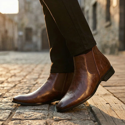 Men's black leather boots, slip-on profile