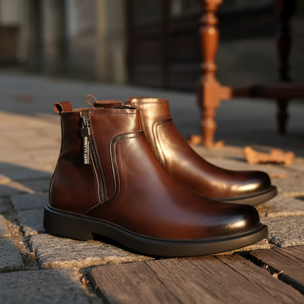 Vincent leather boots, burnished finish detail