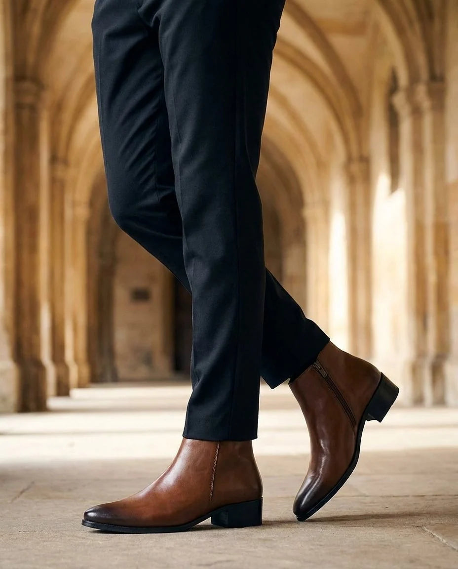 Oscar leather boots worn, lifestyle shot