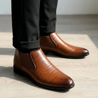 Men's brown leather boots, elastic gore detail