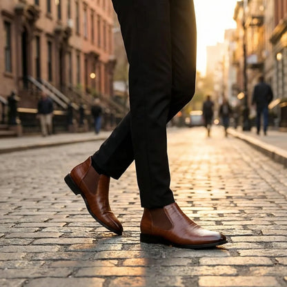 Men's blue Chelsea boots, smooth leather finish