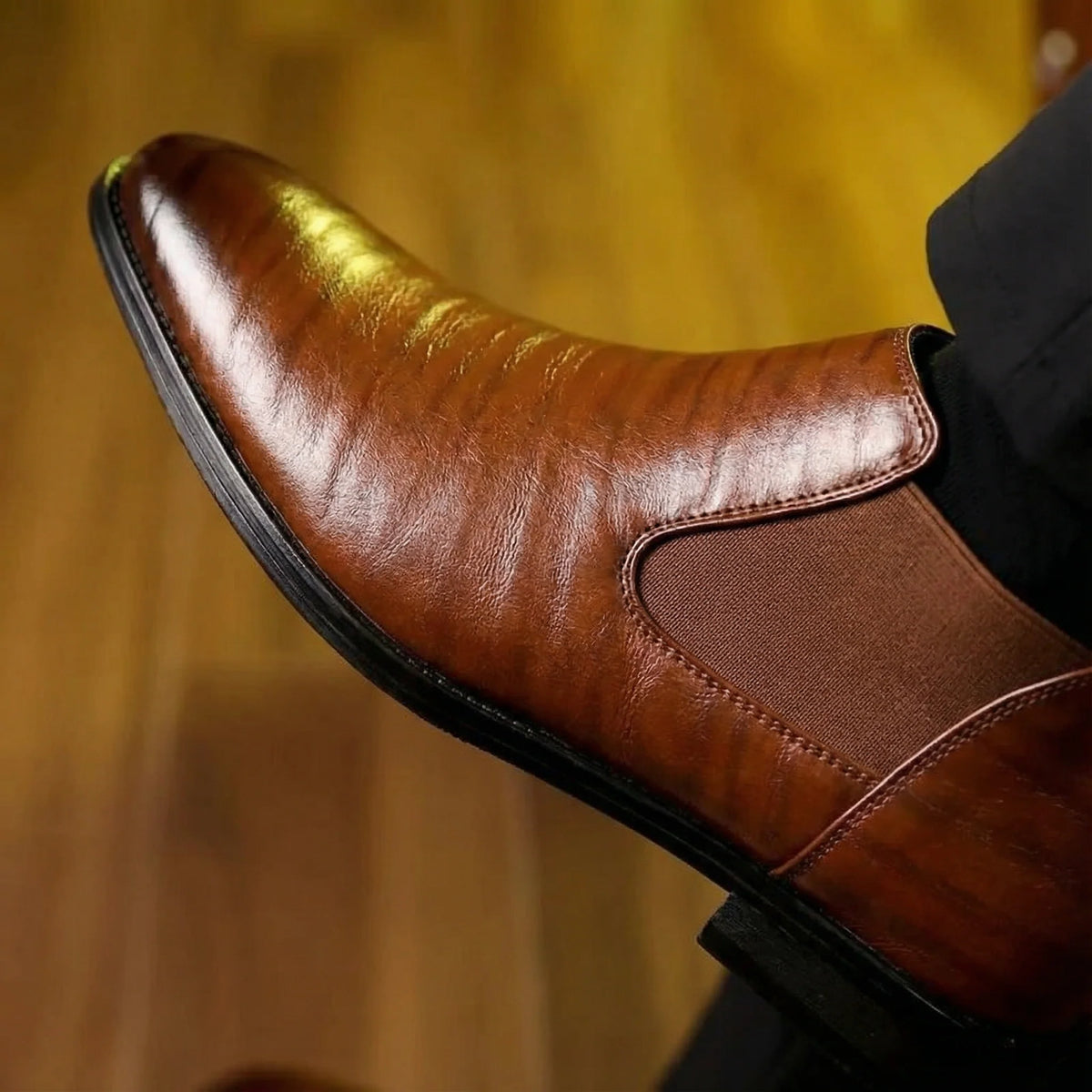 Men's black Chelsea boots, front view