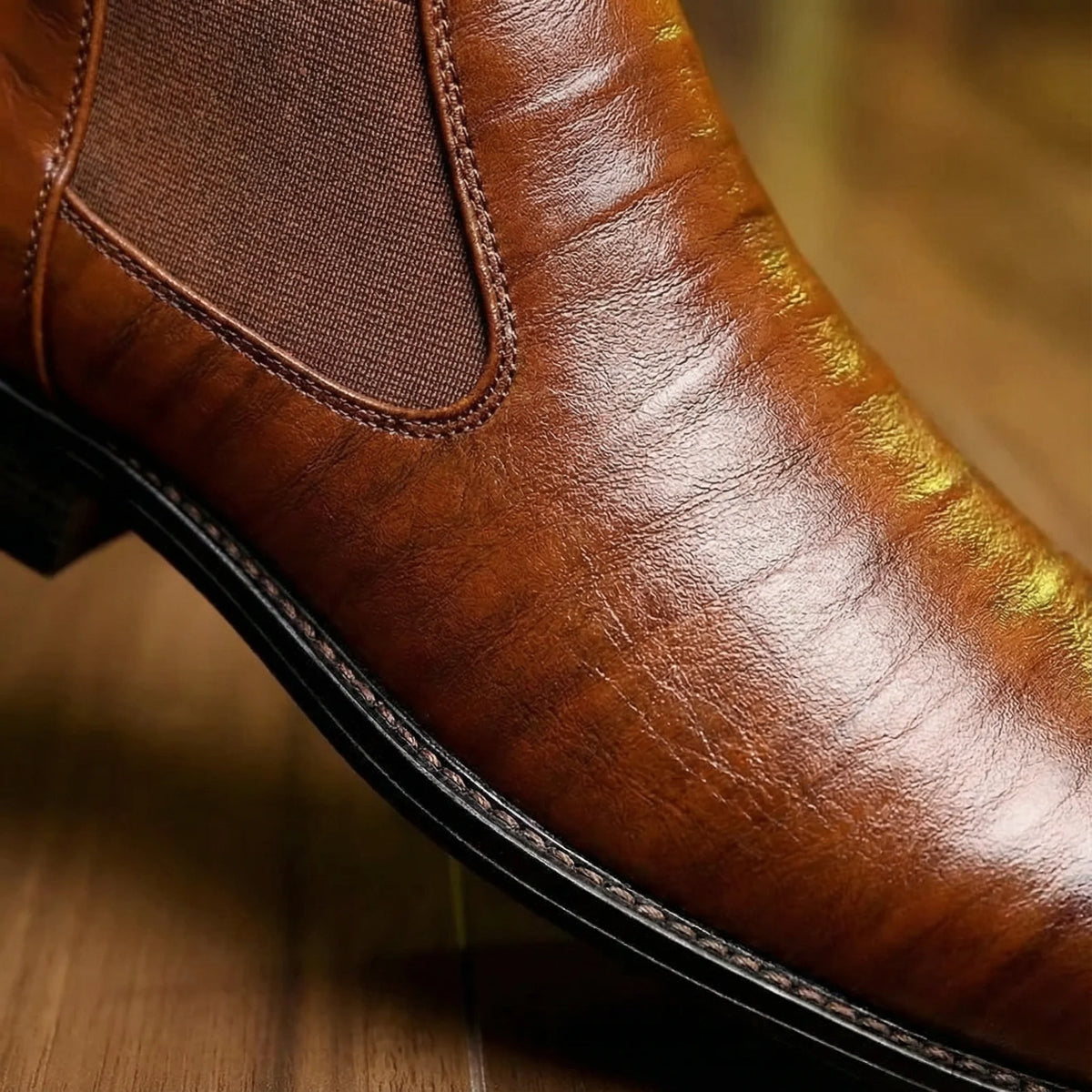 Men's brown leather boots, styled view