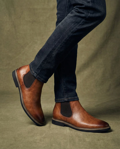 Men's brown Chelsea boots, styled view