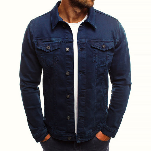 Men's blue slim fit denim trucker jacket in cotton blend with chest pockets