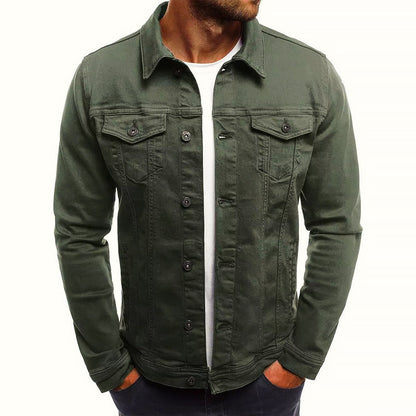 Men's blue slim fit denim trucker jacket in cotton blend with chest pockets