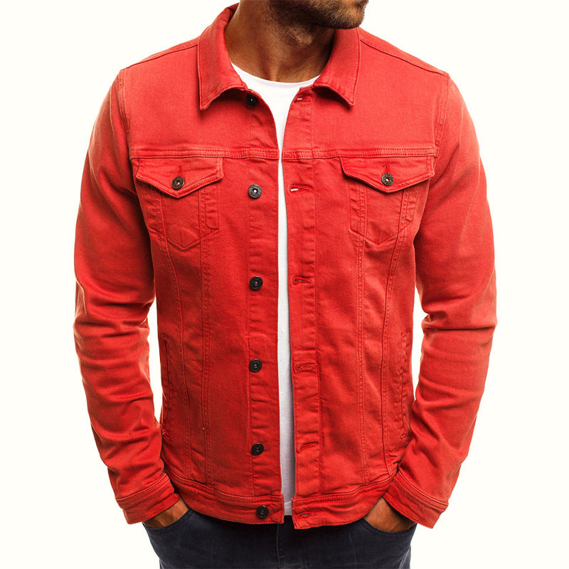 Men's blue slim fit denim trucker jacket in cotton blend with chest pockets