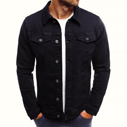 Men's blue slim fit denim trucker jacket in cotton blend with chest pockets