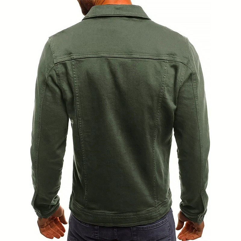 Men's green slim fit denim trucker jacket in cotton blend with chest pockets