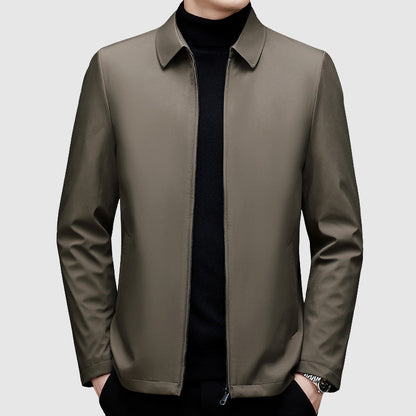 Men's beige duck down insulated puffer jacket with zip front
