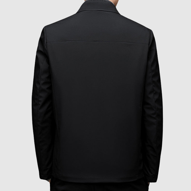 Men's black duck down insulated puffer jacket with zip front