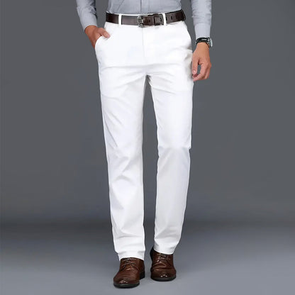 Men's white stretch dress pants with straight leg and side pockets