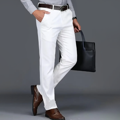 Men's white stretch dress pants with straight leg and side pockets