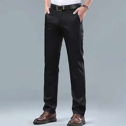 Men's white stretch dress pants with straight leg and side pockets