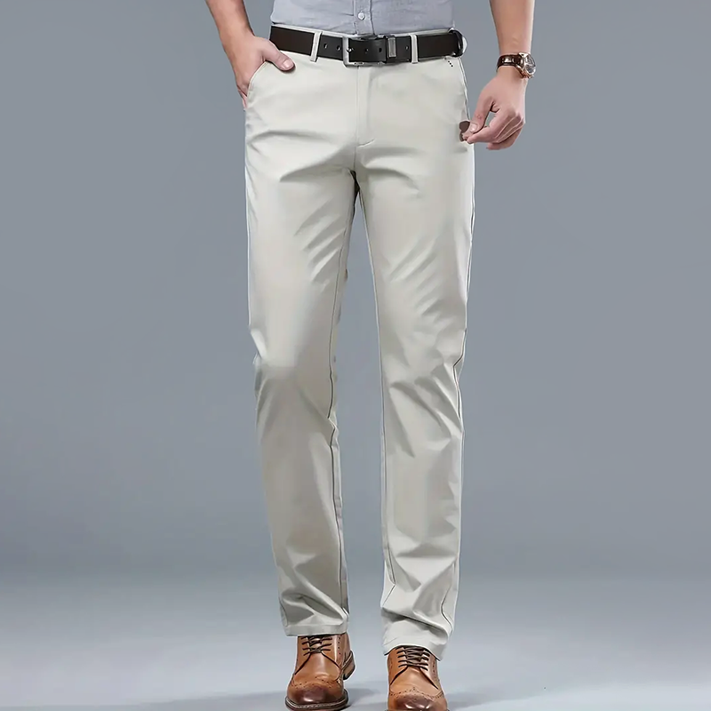 Men's white stretch dress pants with straight leg and side pockets