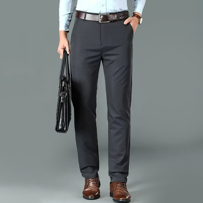 Men's white stretch dress pants with straight leg and side pockets