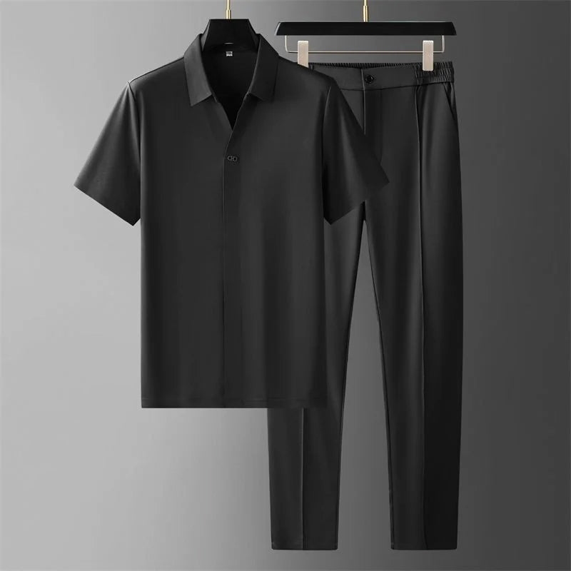 Men's brown two piece set with short sleeve v neck shirt and pants