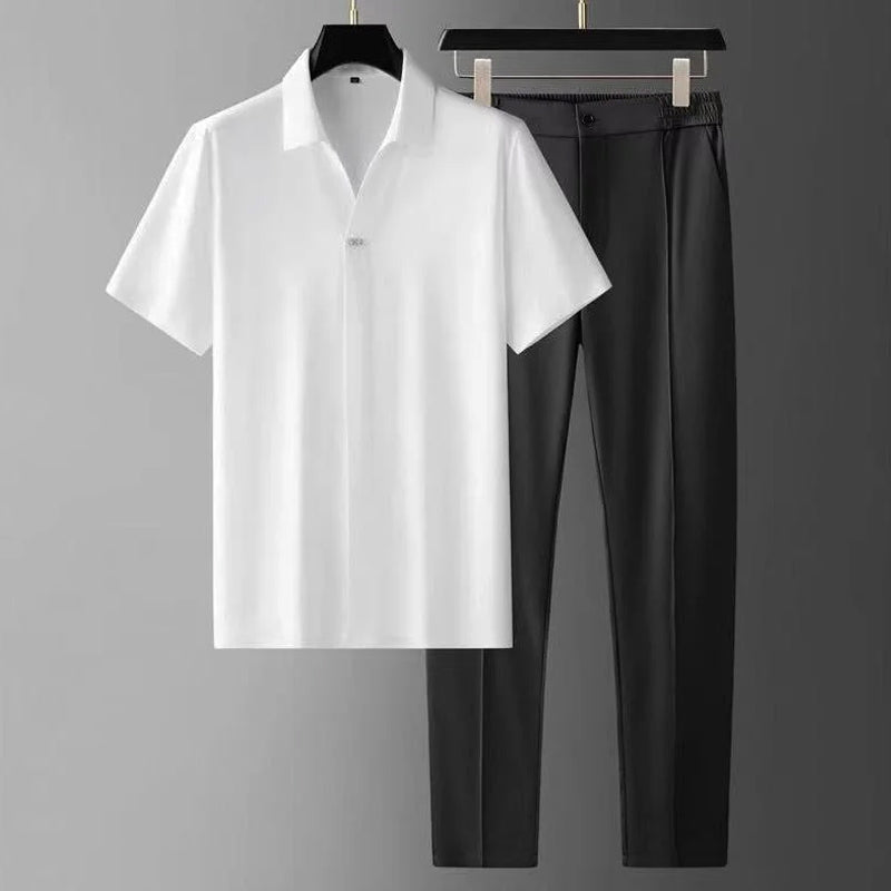 Men's brown two piece set with short sleeve v neck shirt and pants