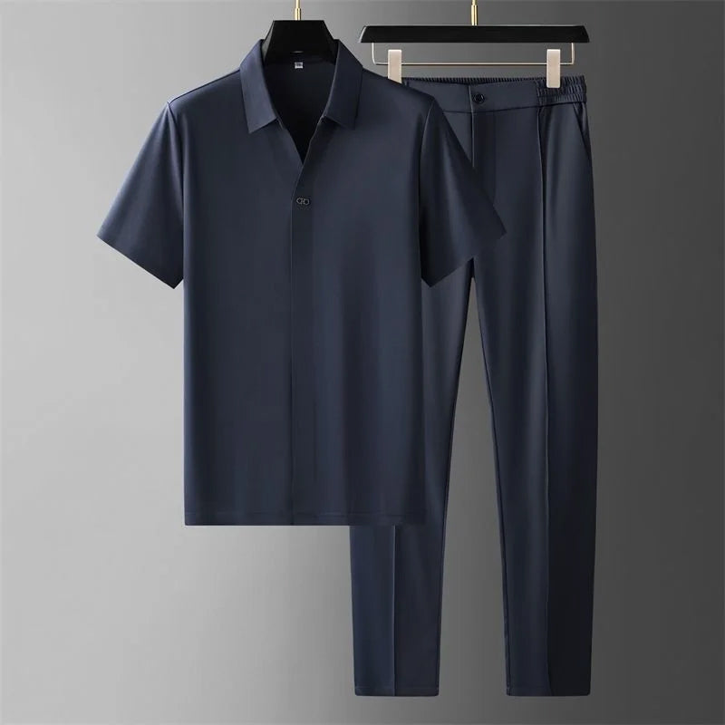 Men's brown two piece set with short sleeve v neck shirt and pants
