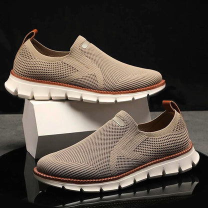 Men's beige knit mesh slip on shoes with rubber sole