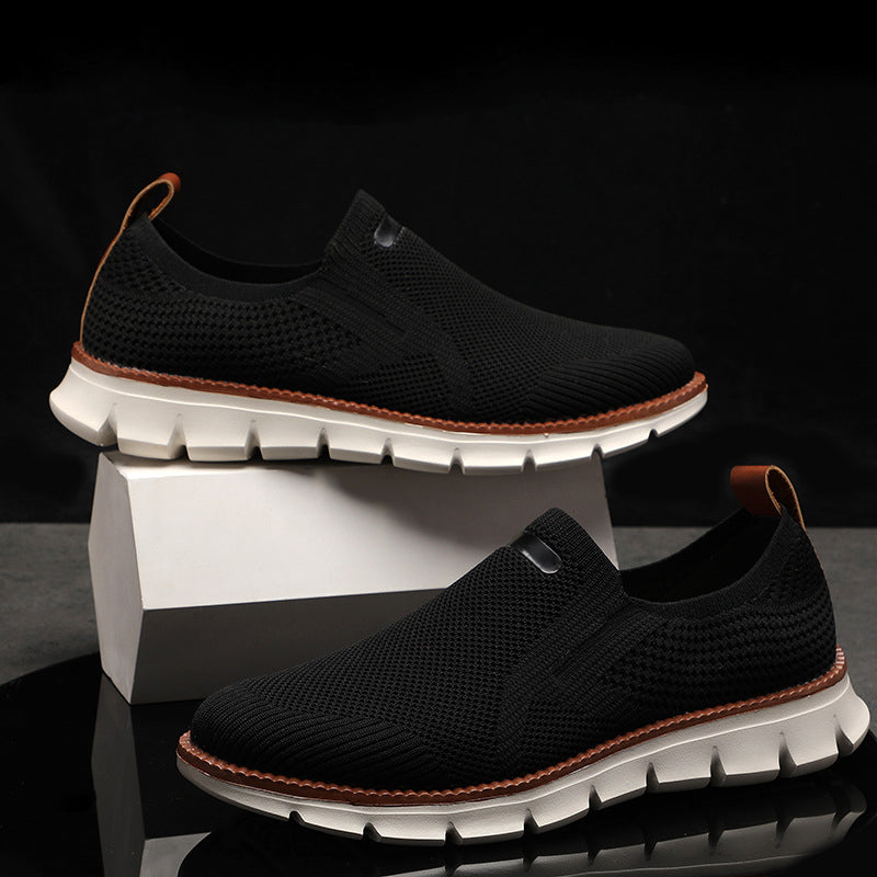 Men's beige knit mesh slip on shoes with rubber sole